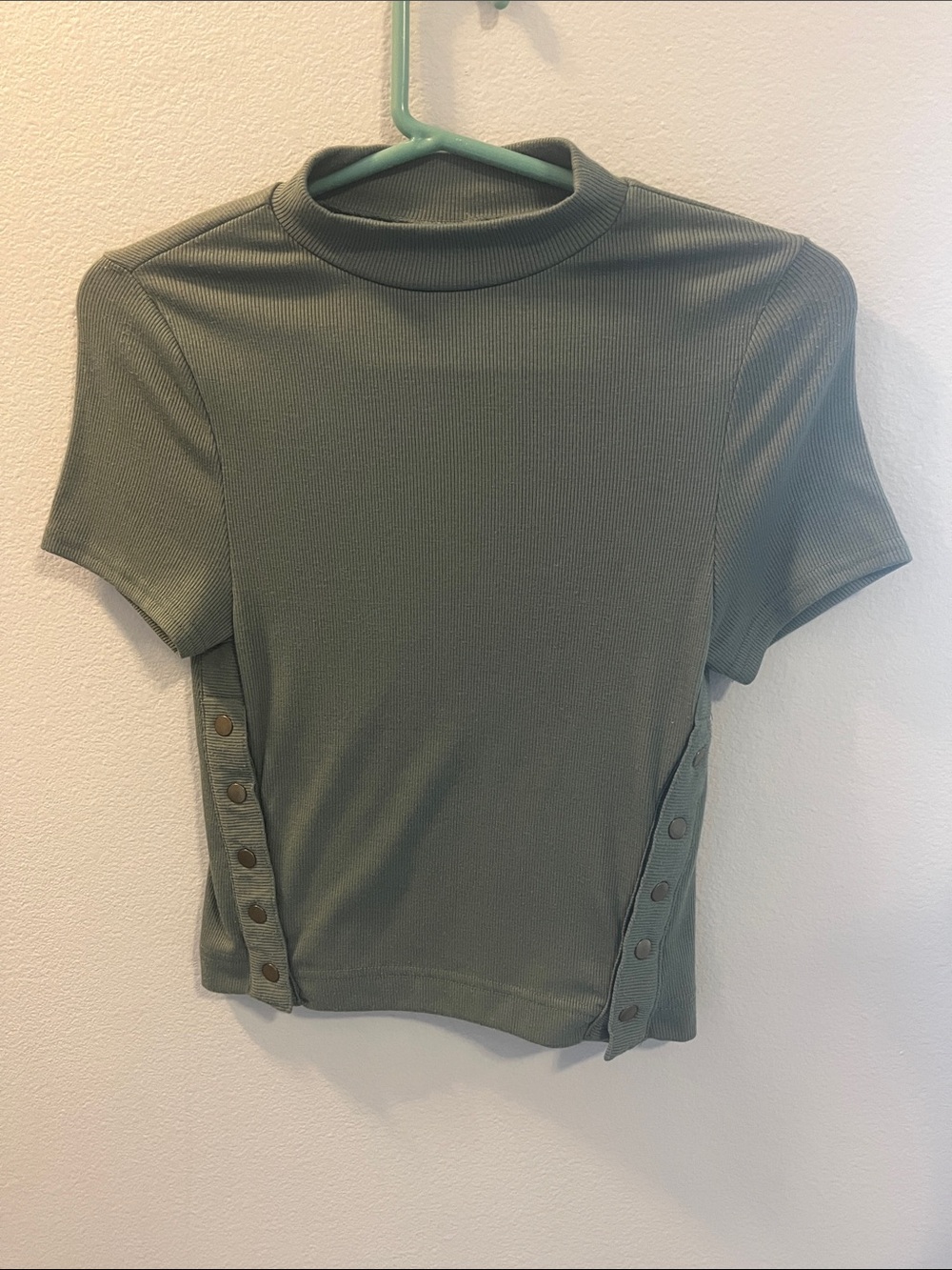 We the Free Ribbed Short-Sleeve Mock Neck Top - Olive Green with Gold Buttons